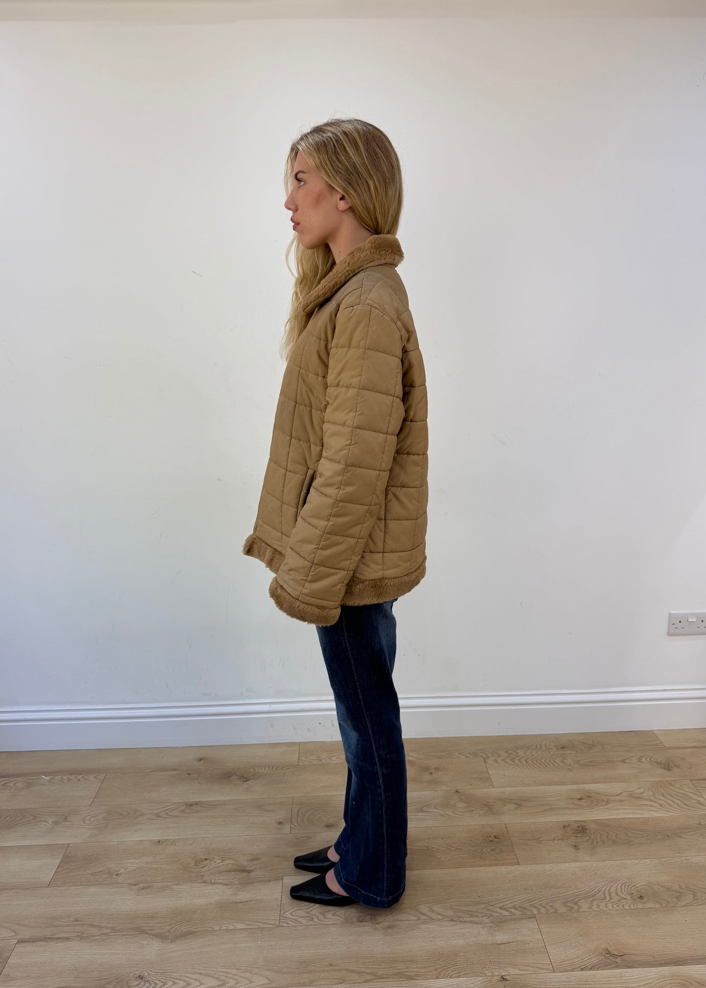 large camel quilted coat - side view