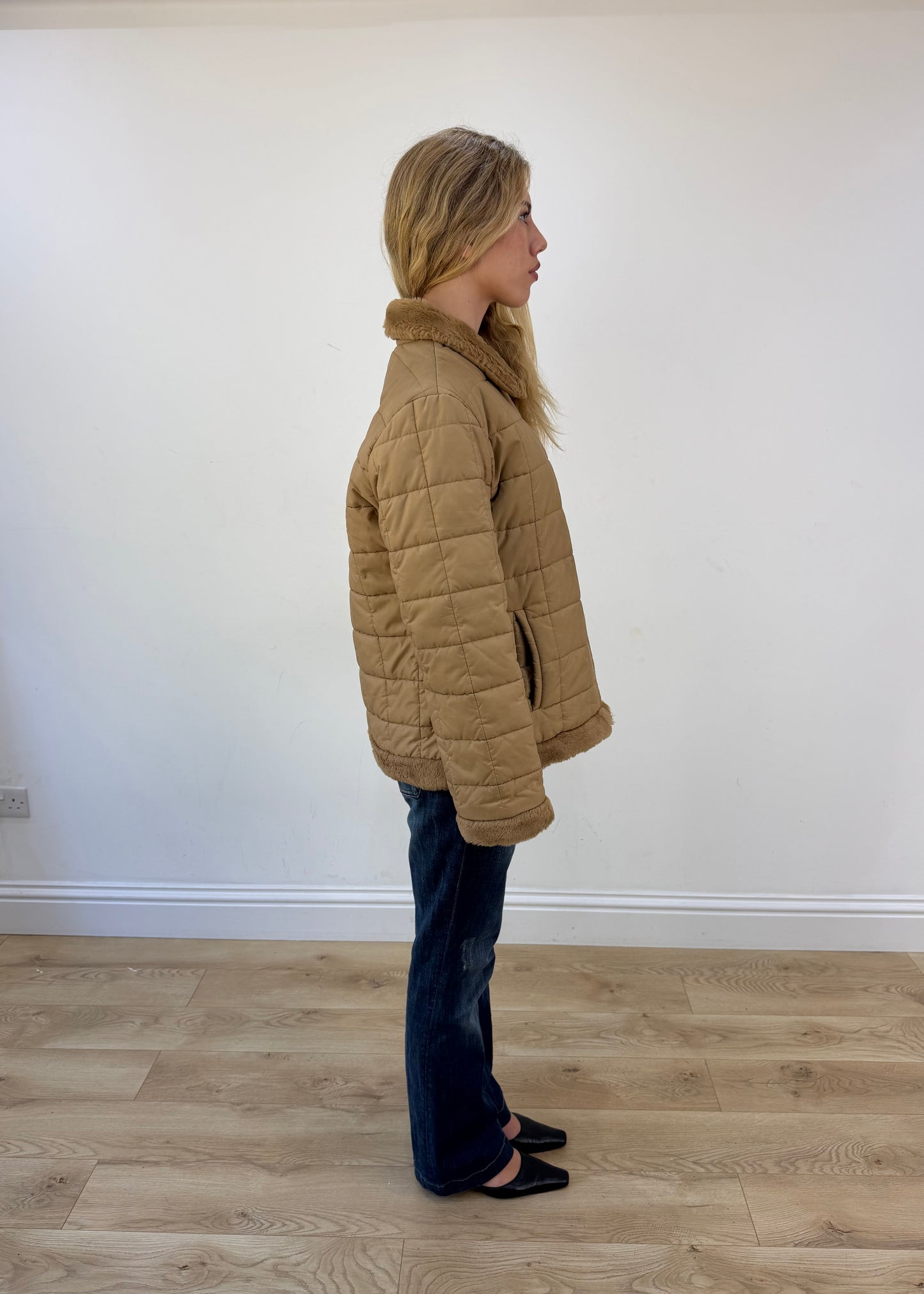 large camel quilted coat - other side view