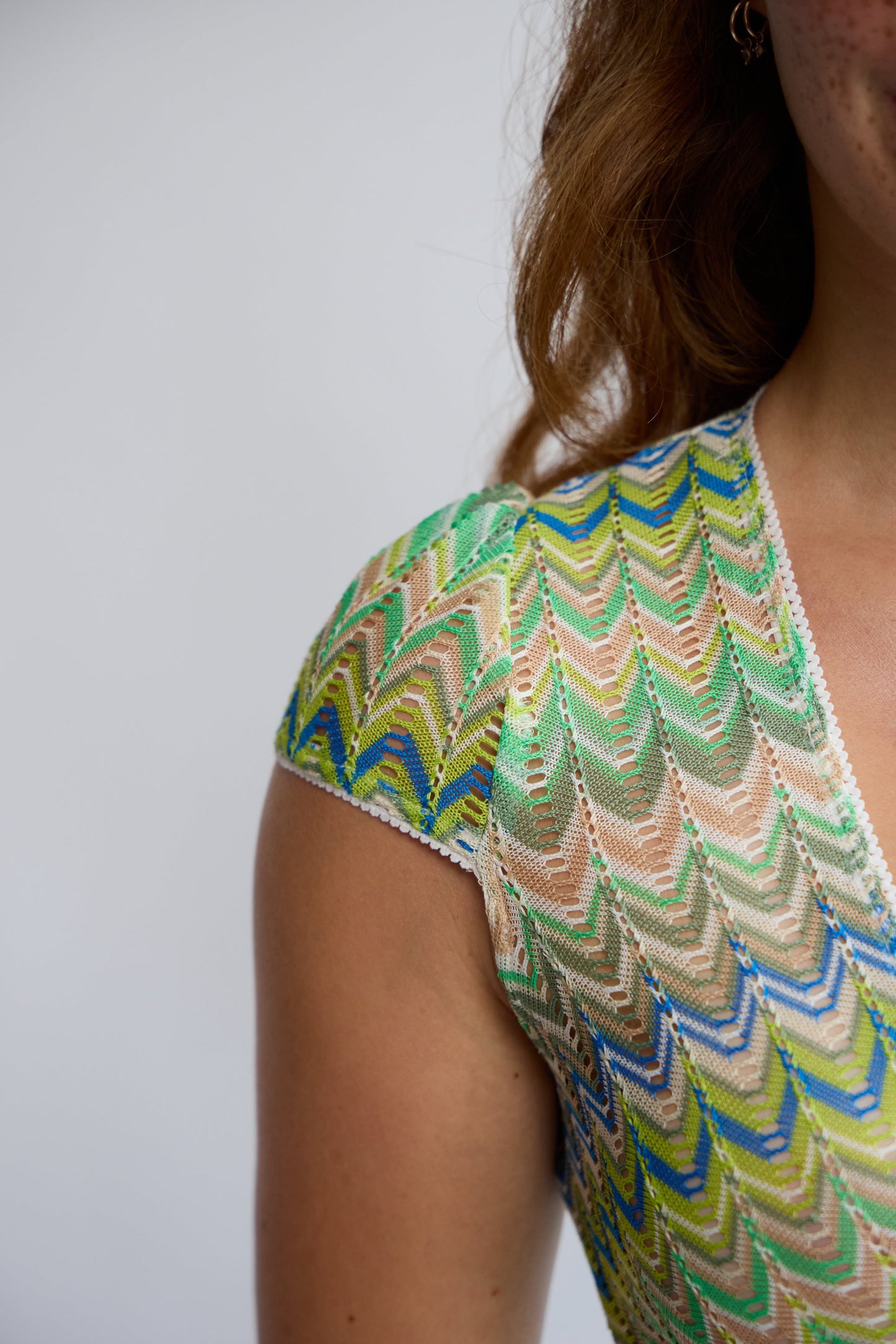 Allegra Dress in Pistachio Green – cap-sleeve detail