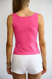 Model wearing the Lorelle Top in Bubblegum Pink – back view
