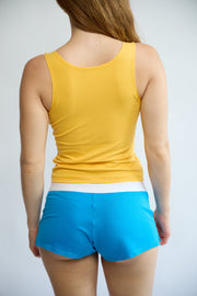 Lorelle Top in Banana Split with Blue Slushie shorts – back view