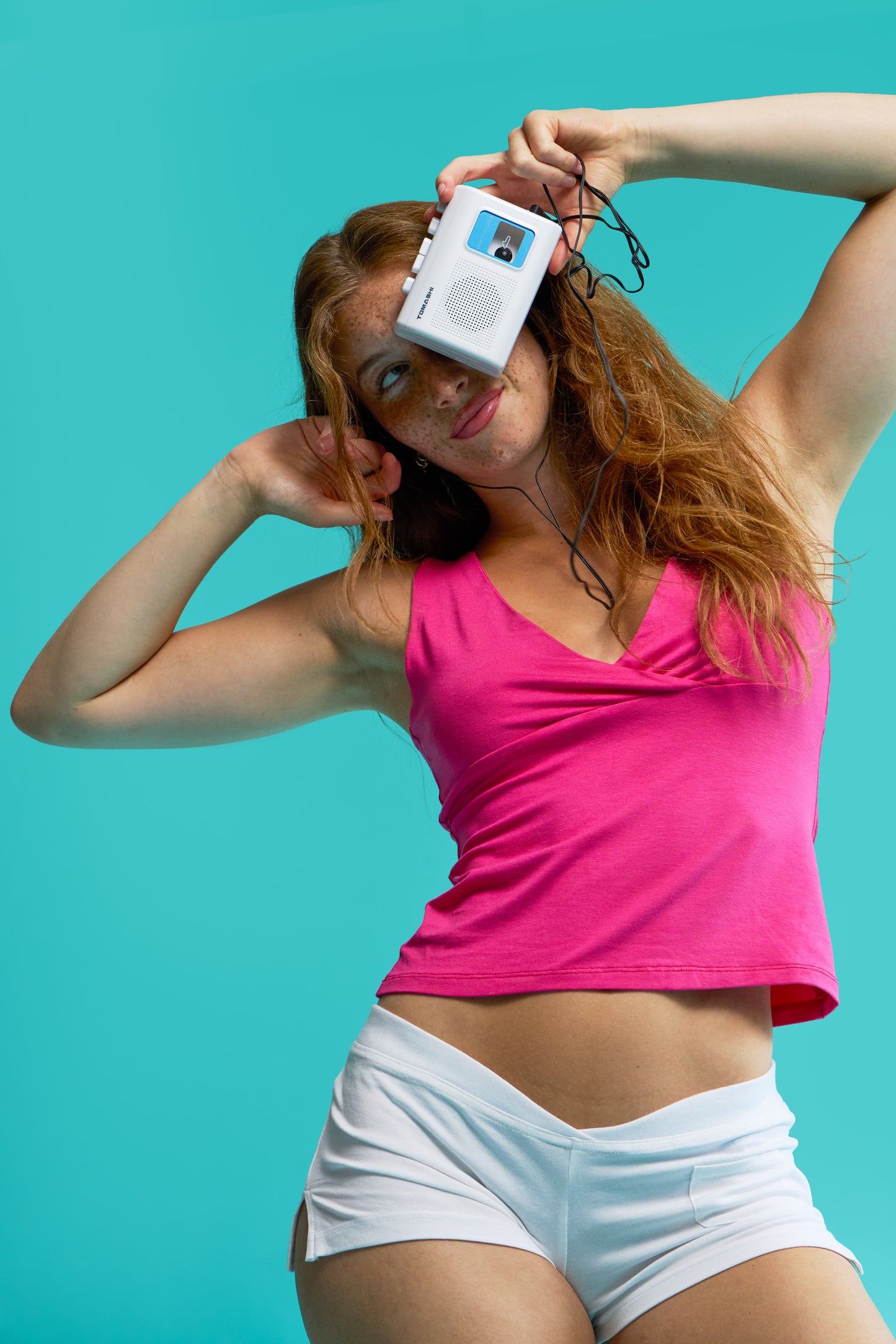 Lorelle Top in Bubblegum Pink with Marshmallow White shorts – campaign detail