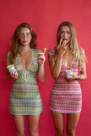 Models wearing Allegra Dresses in both colourways and holding ice creams