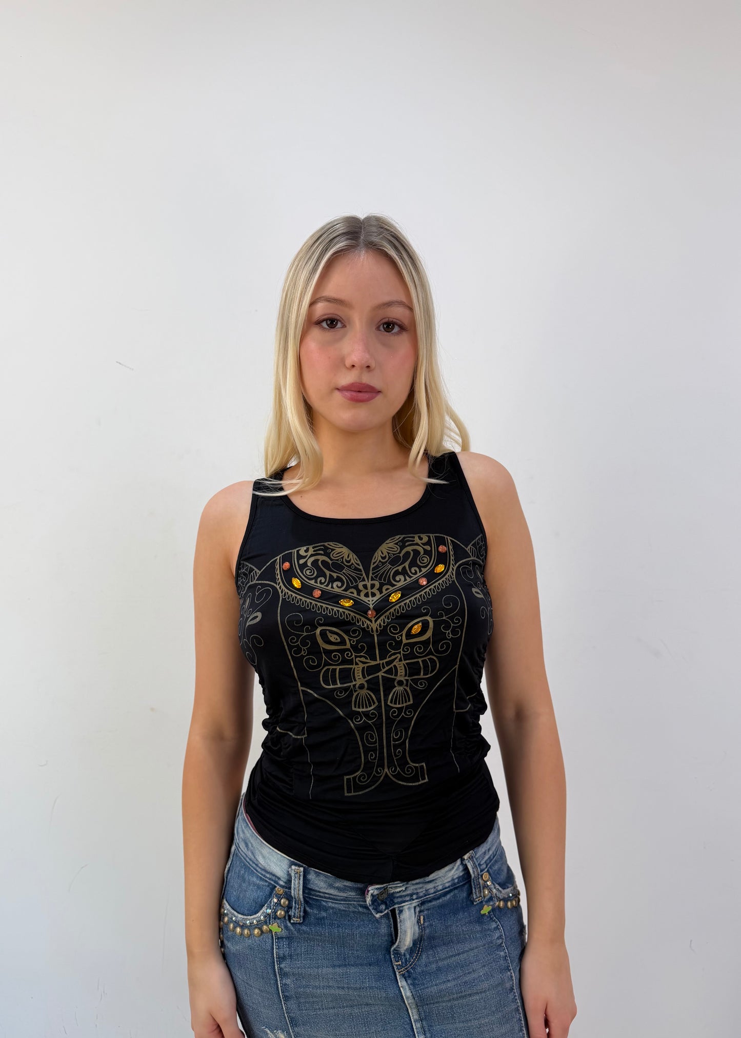 small black tank top with graphic heart print