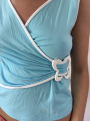aquamarine drop | small aqua blue butterfly buckle wrap top