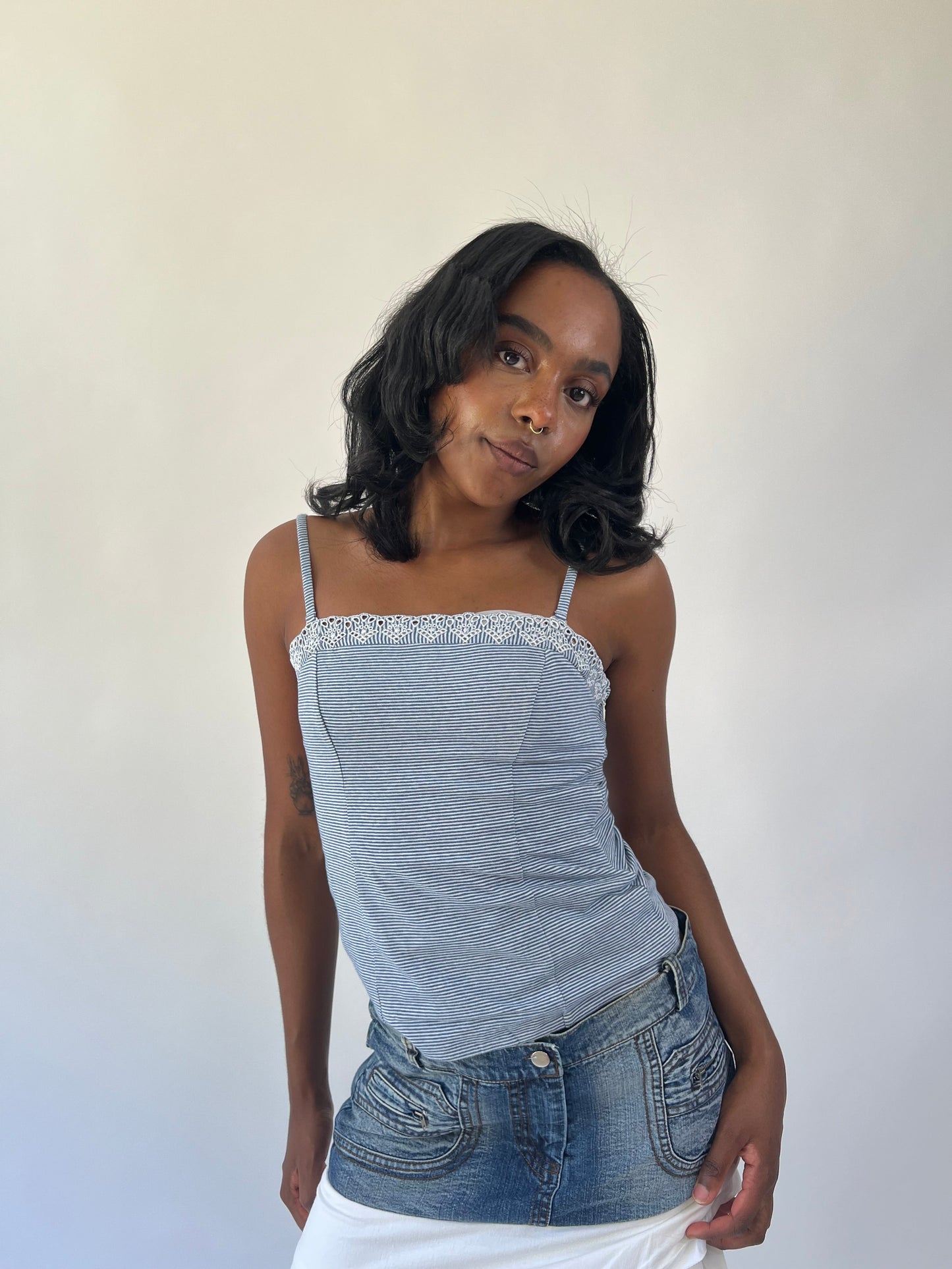 aquamarine drop | small blue and white striped lace cami top