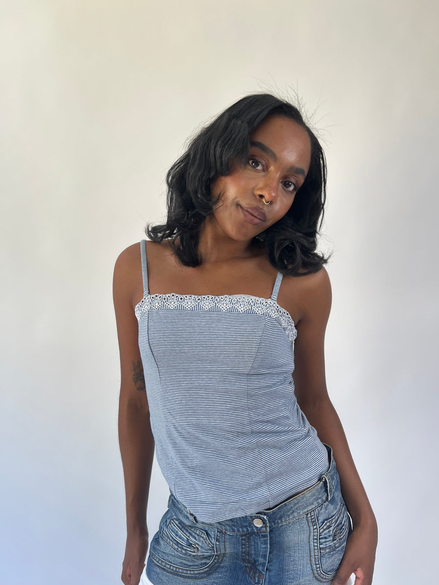 aquamarine drop | small blue and white striped lace cami top