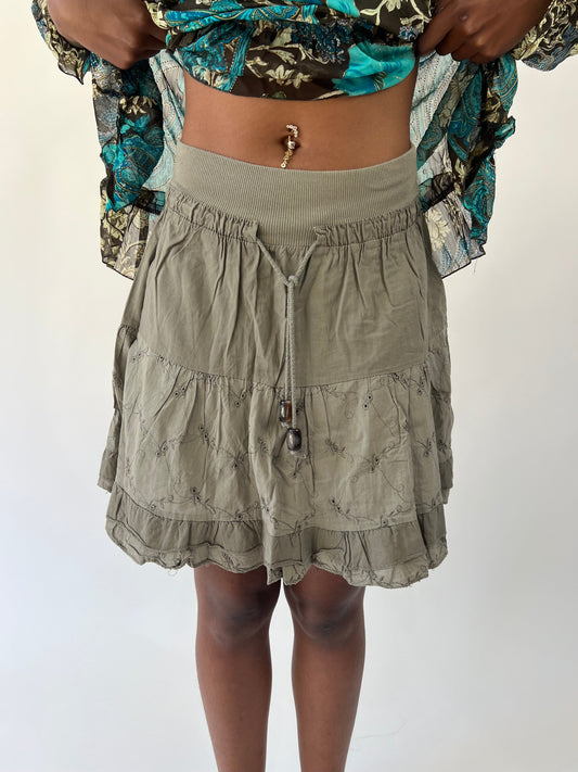 aquamarine drop | small khaki ruffle mini skirt