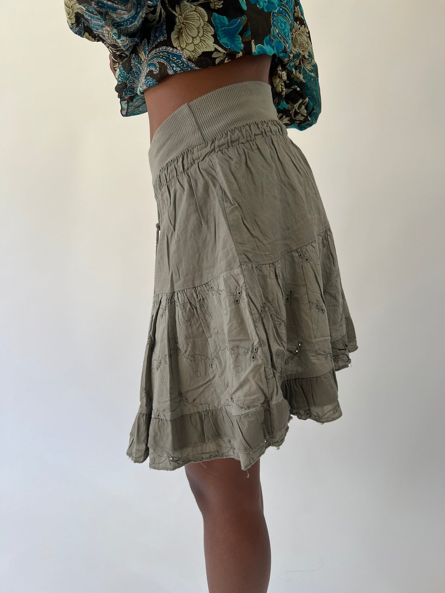 aquamarine drop | small khaki ruffle mini skirt