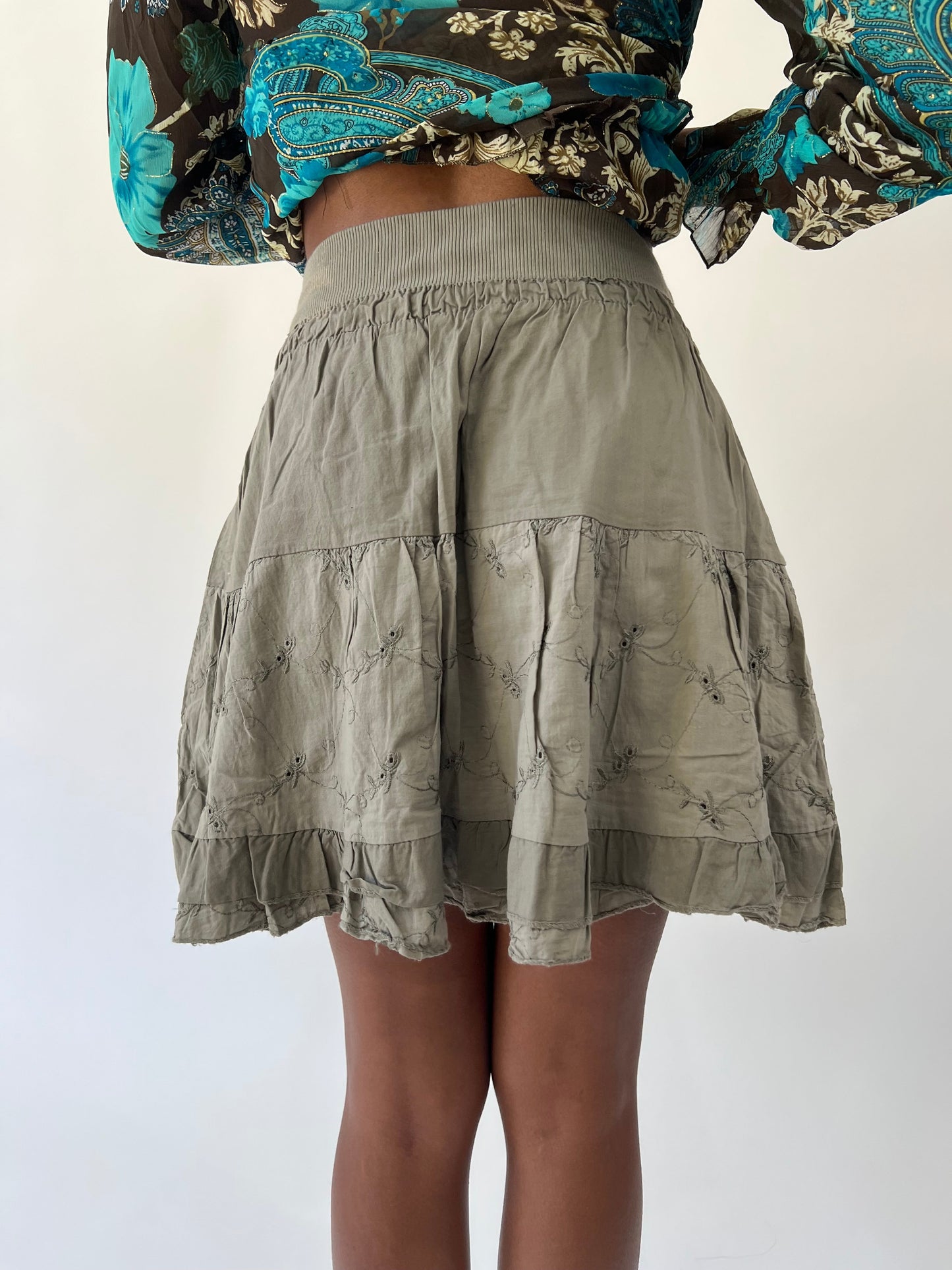 aquamarine drop | small khaki ruffle mini skirt