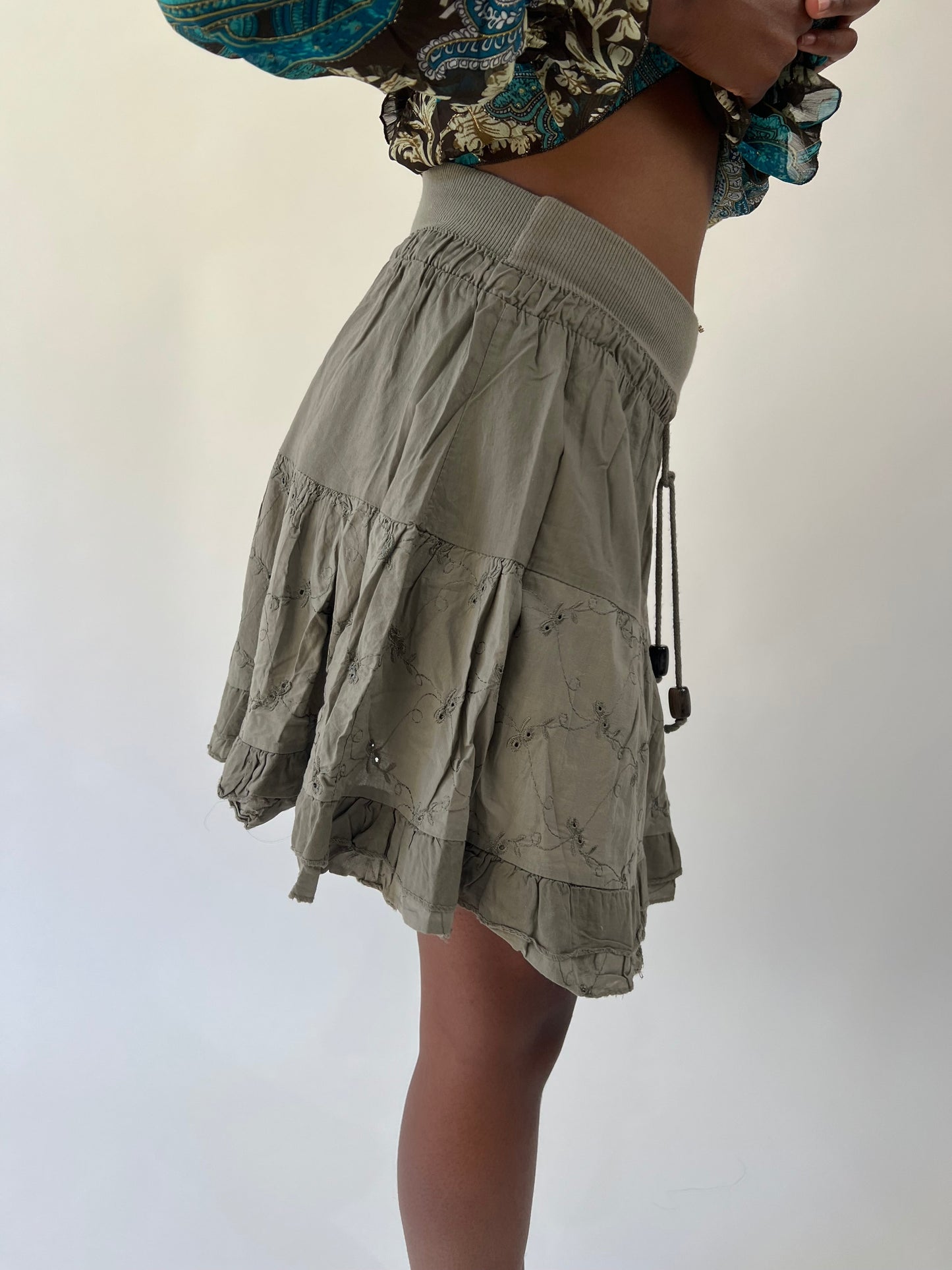 aquamarine drop | small khaki ruffle mini skirt