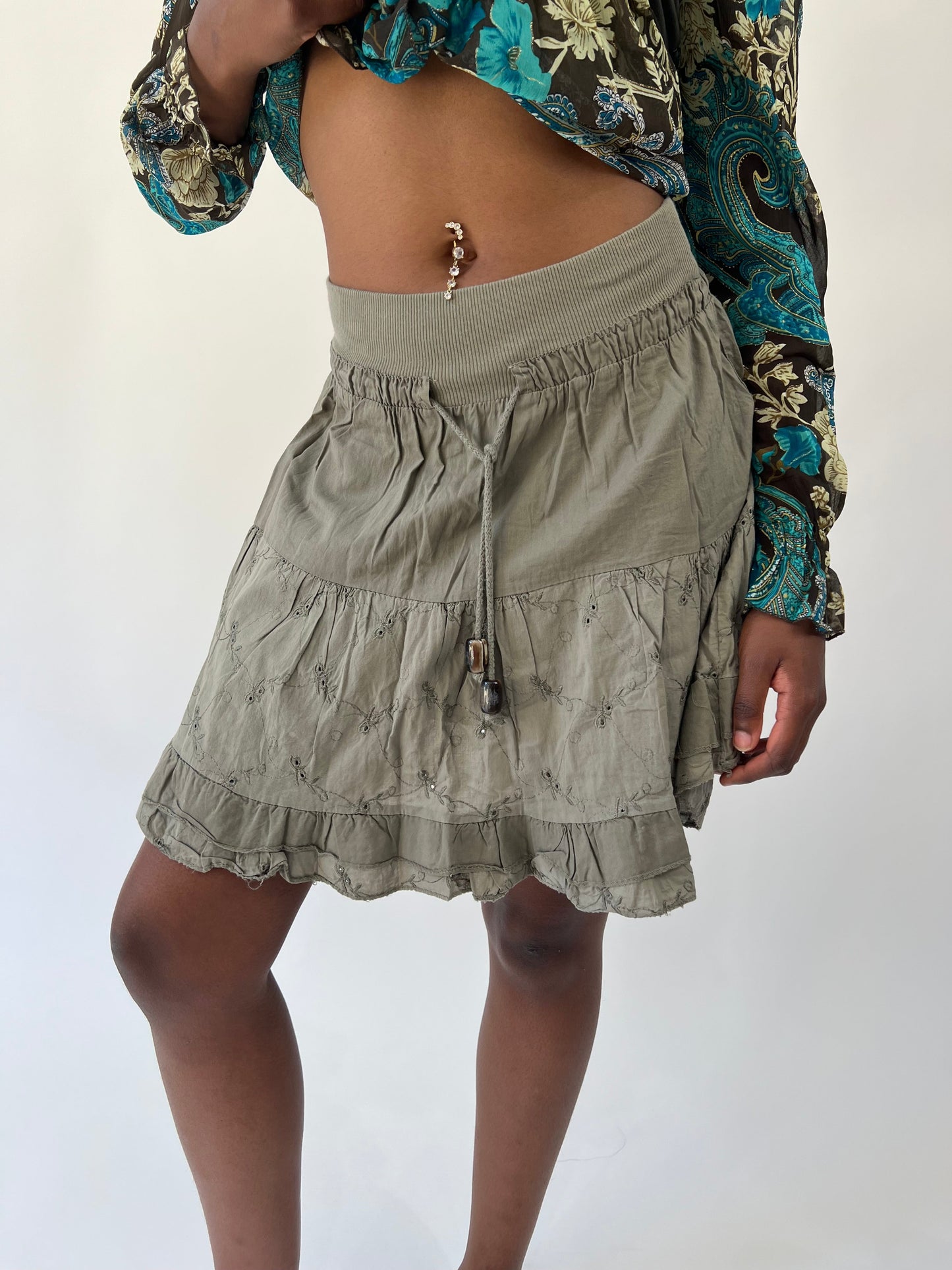 aquamarine drop | small khaki ruffle mini skirt