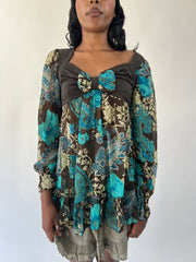 aquamarine drop | medium brown and turquoise paisley long sleeve top