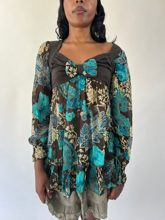 aquamarine drop | medium brown and turquoise paisley long sleeve top