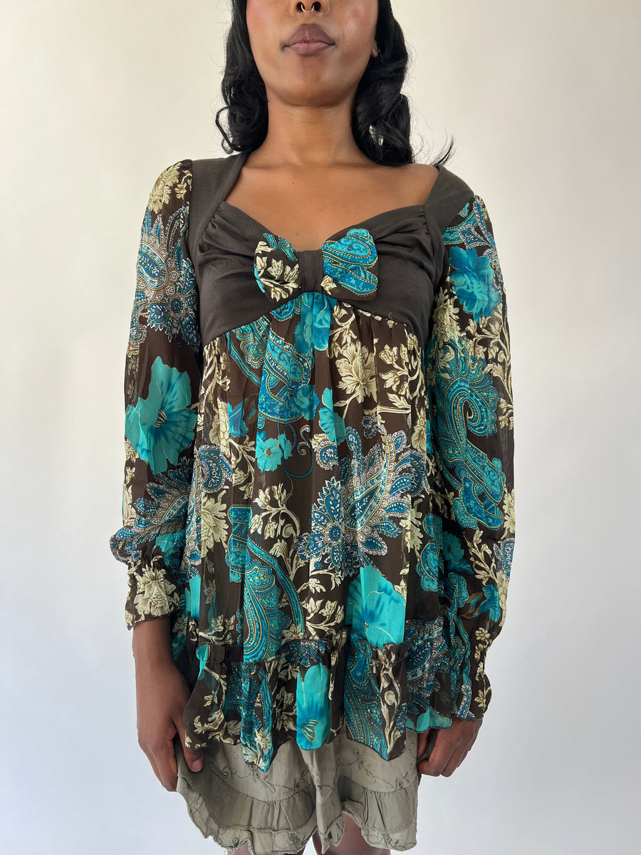 aquamarine drop | medium brown and turquoise paisley long sleeve top
