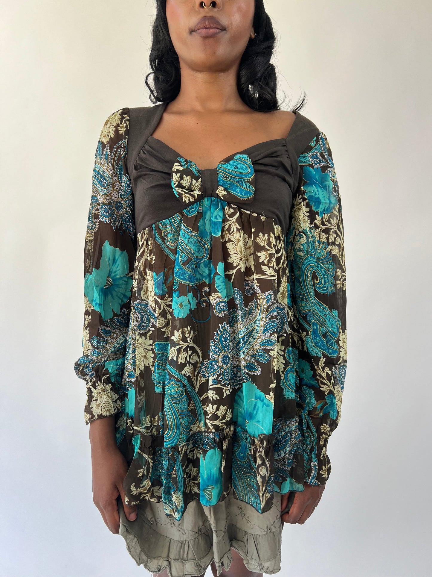 aquamarine drop | medium brown and turquoise paisley long sleeve top