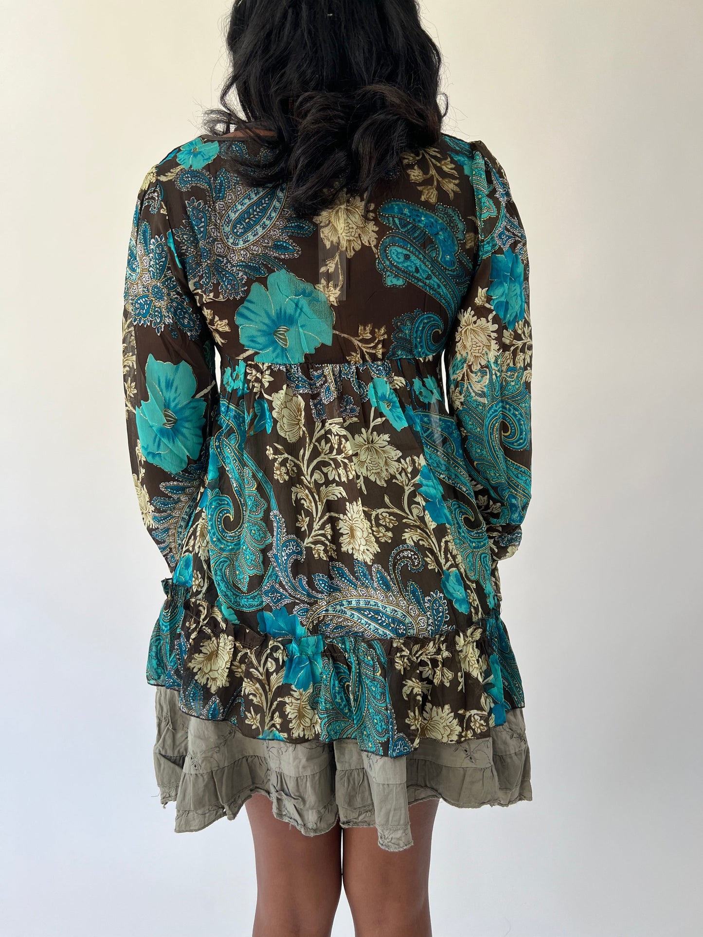 aquamarine drop | medium brown and turquoise paisley long sleeve top