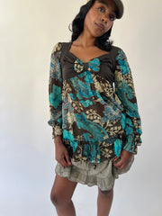 aquamarine drop | medium brown and turquoise paisley long sleeve top