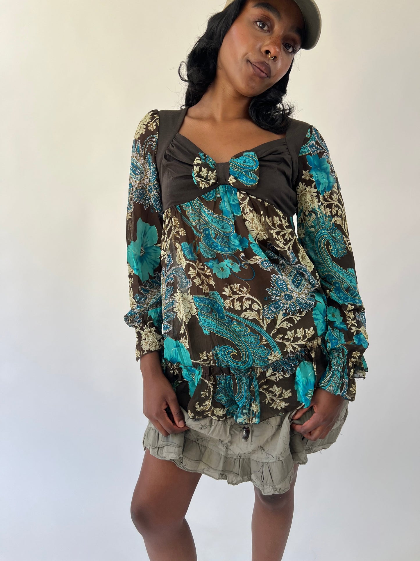 aquamarine drop | medium brown and turquoise paisley long sleeve top
