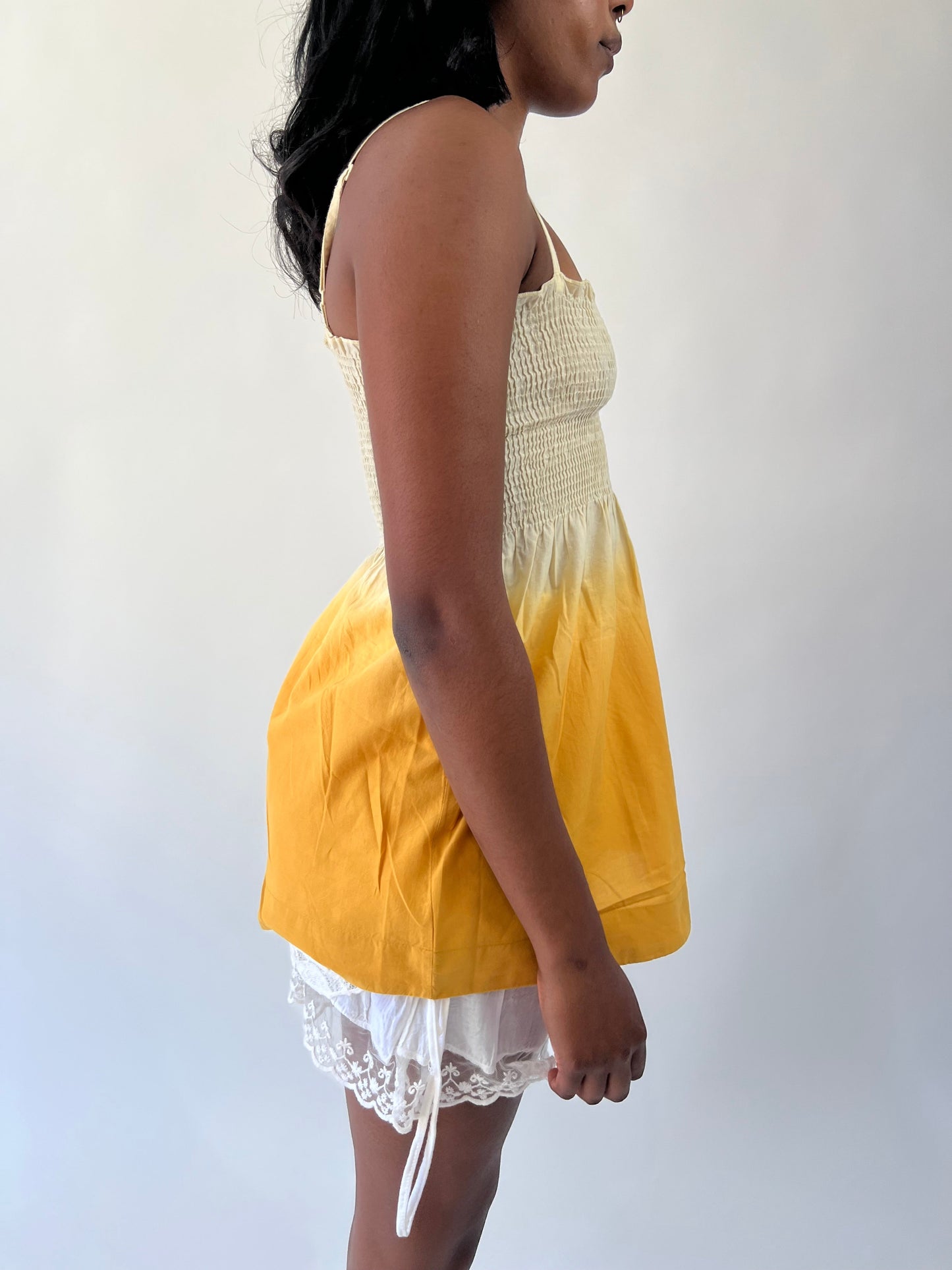 aquamarine drop | small yellow and white lace trim mini dress