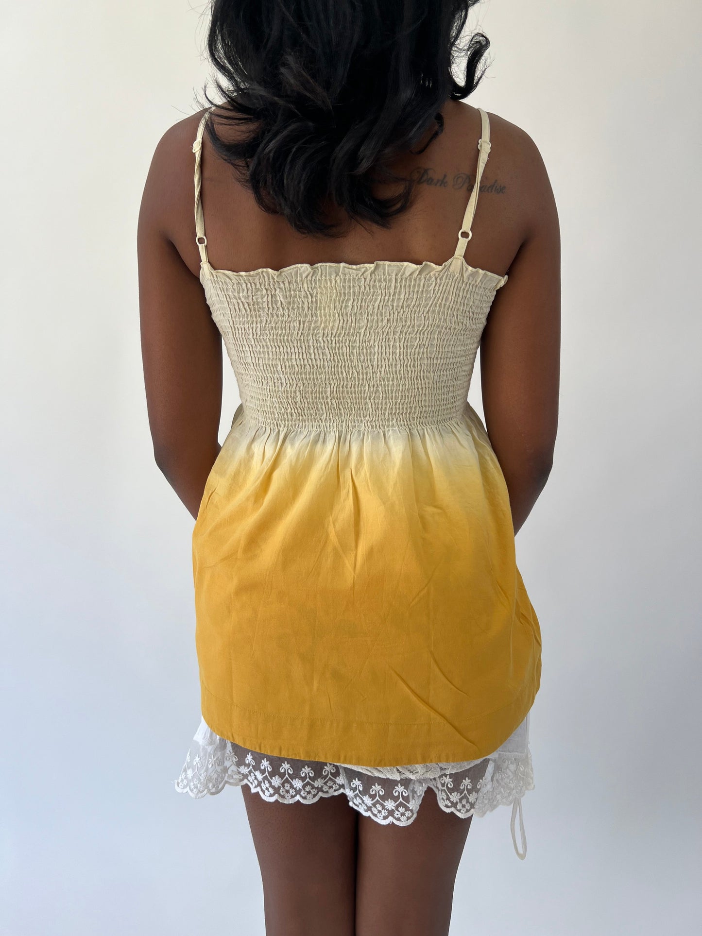 aquamarine drop | small yellow and white lace trim mini dress