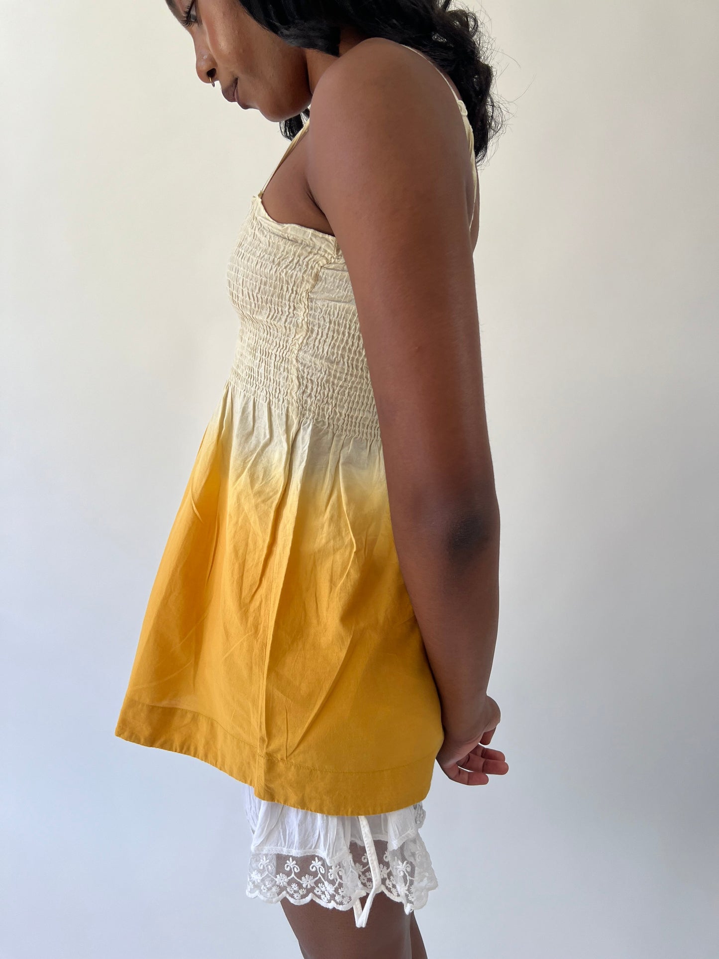 aquamarine drop | small yellow and white lace trim mini dress
