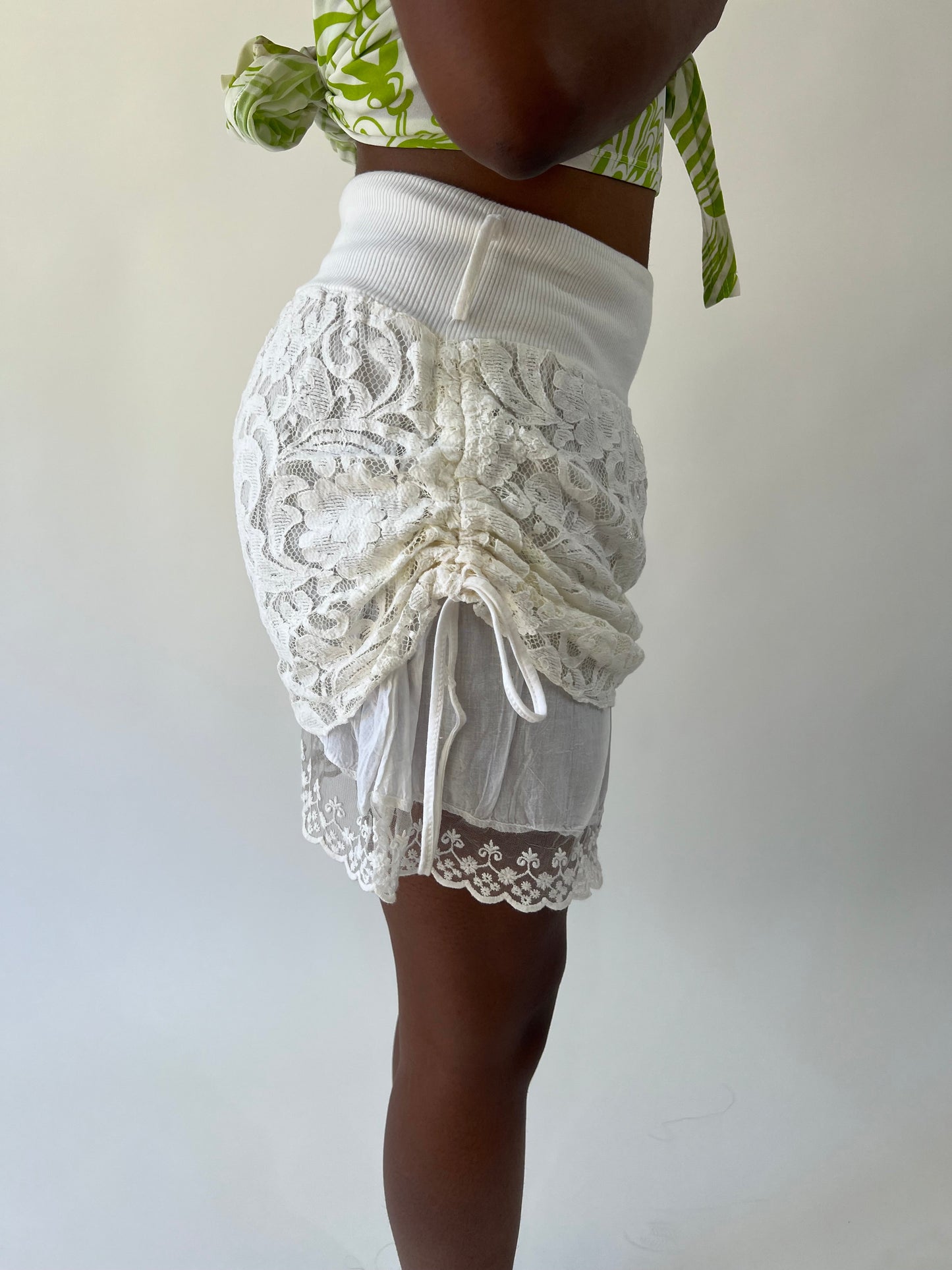 aquamarine drop | small white ruched lace mini skirt