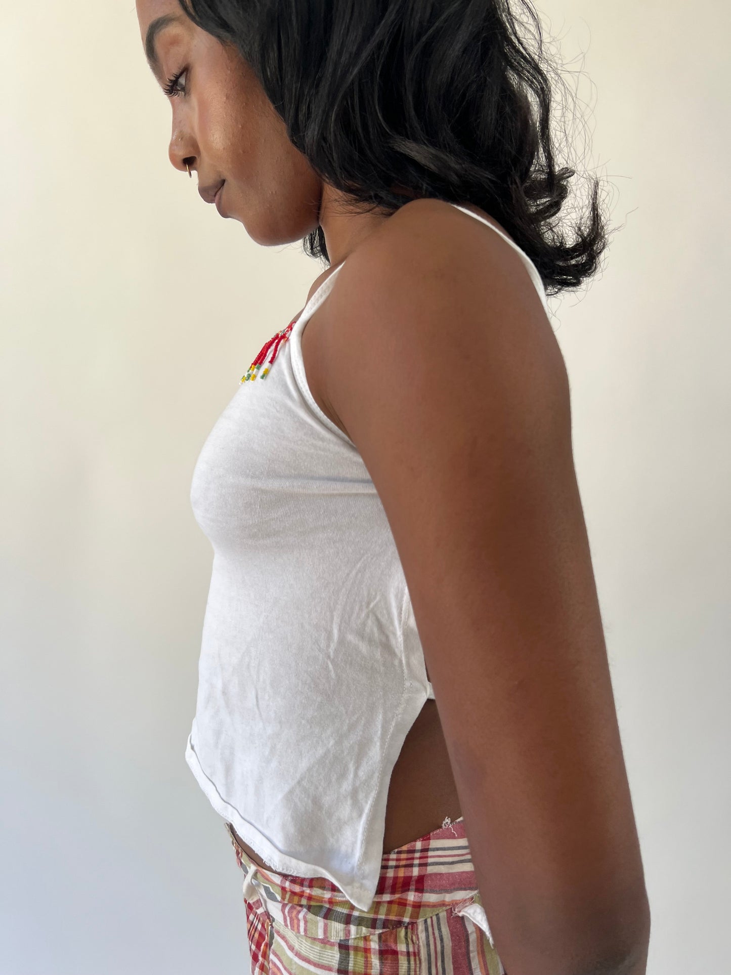 aquamarine drop | small white beaded open back cami top