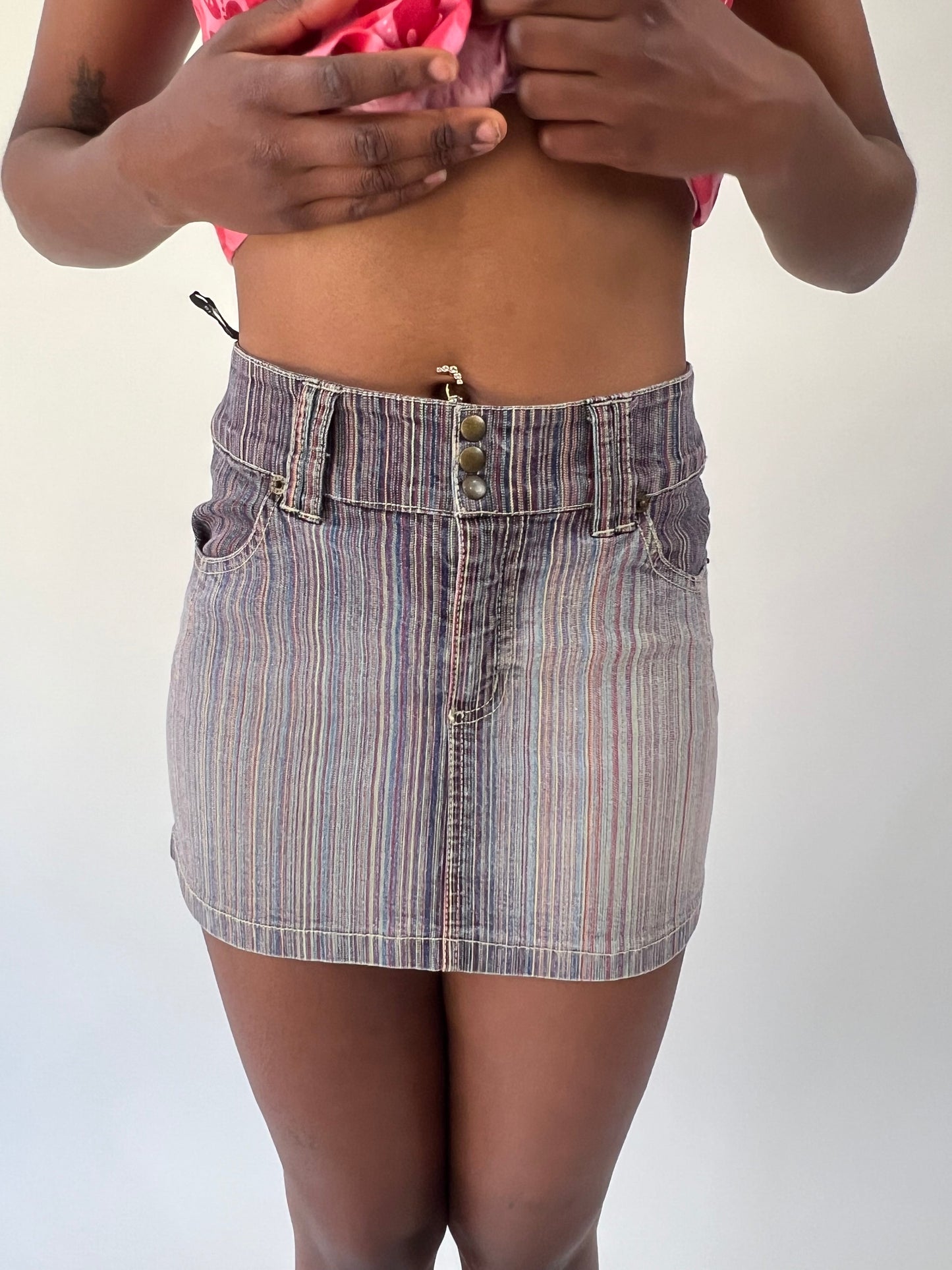 aquamarine drop | small grey striped denim mini skirt