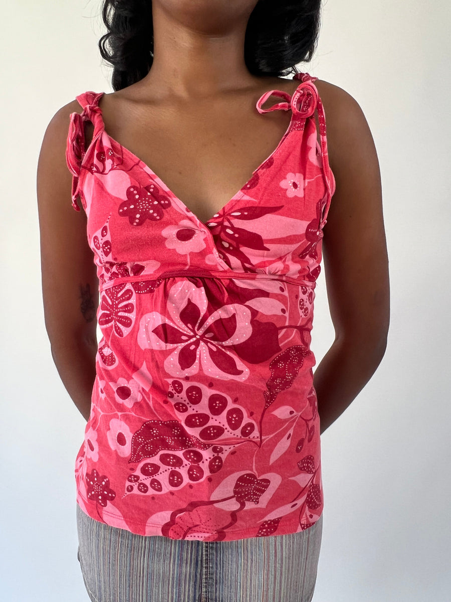aquamarine drop | small pink floral tie shoulder top
