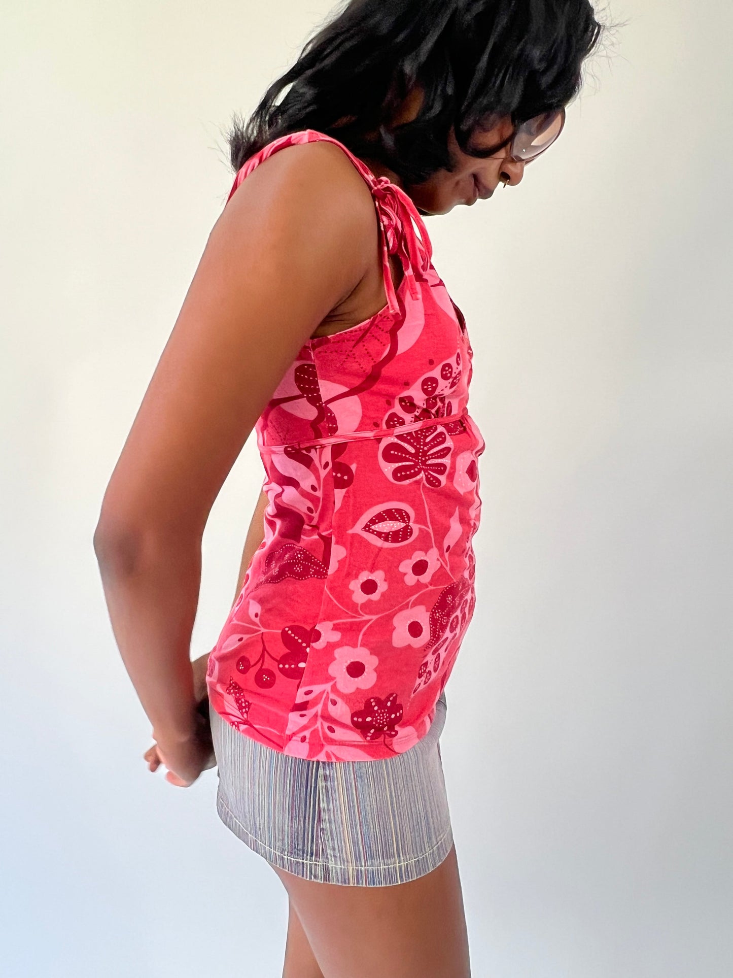 aquamarine drop | small pink floral tie shoulder top