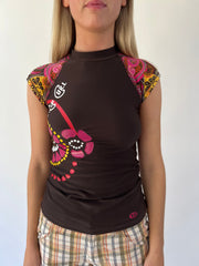 aquamarine drop | small brown floral cap sleeve top