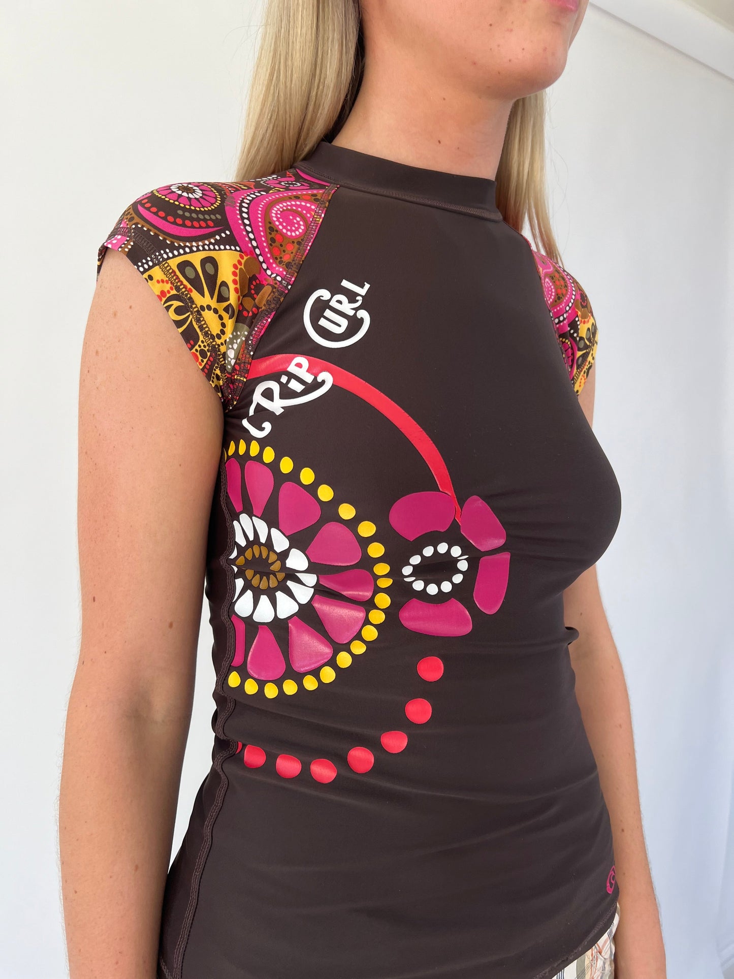 aquamarine drop | small brown floral cap sleeve top