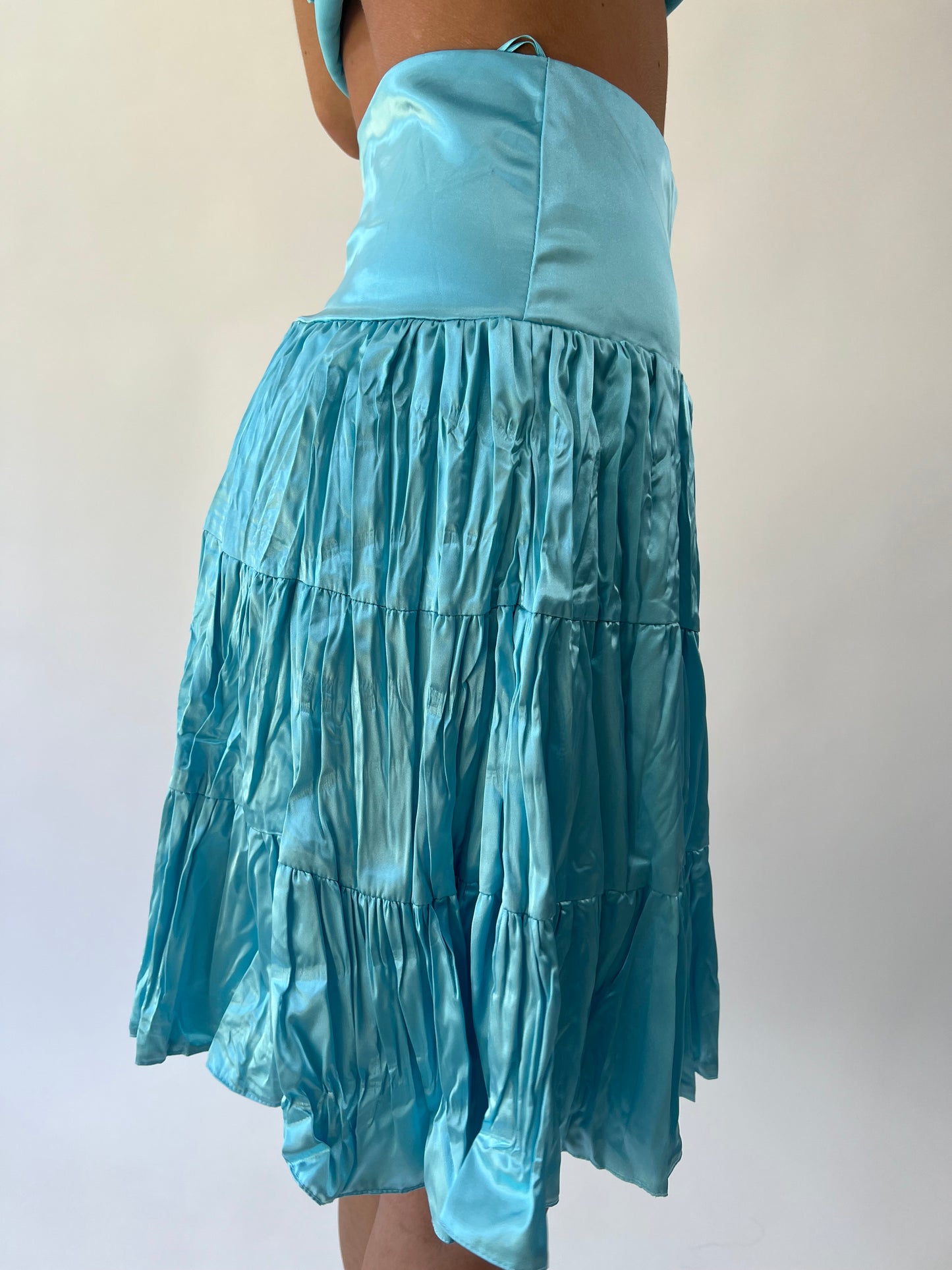 aquamarine drop | small aqua blue satin cami top and tiered midi skirt set