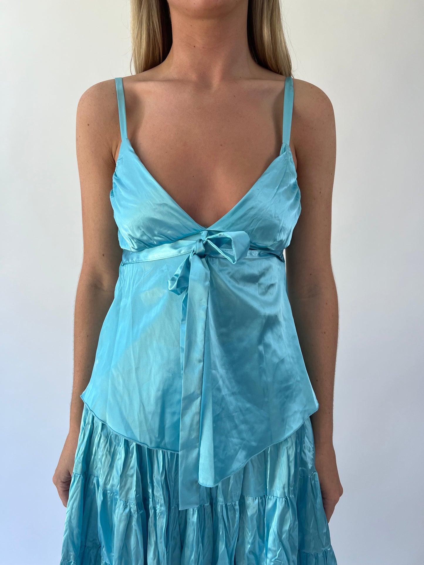 aquamarine drop | small aqua blue satin cami top and tiered midi skirt set