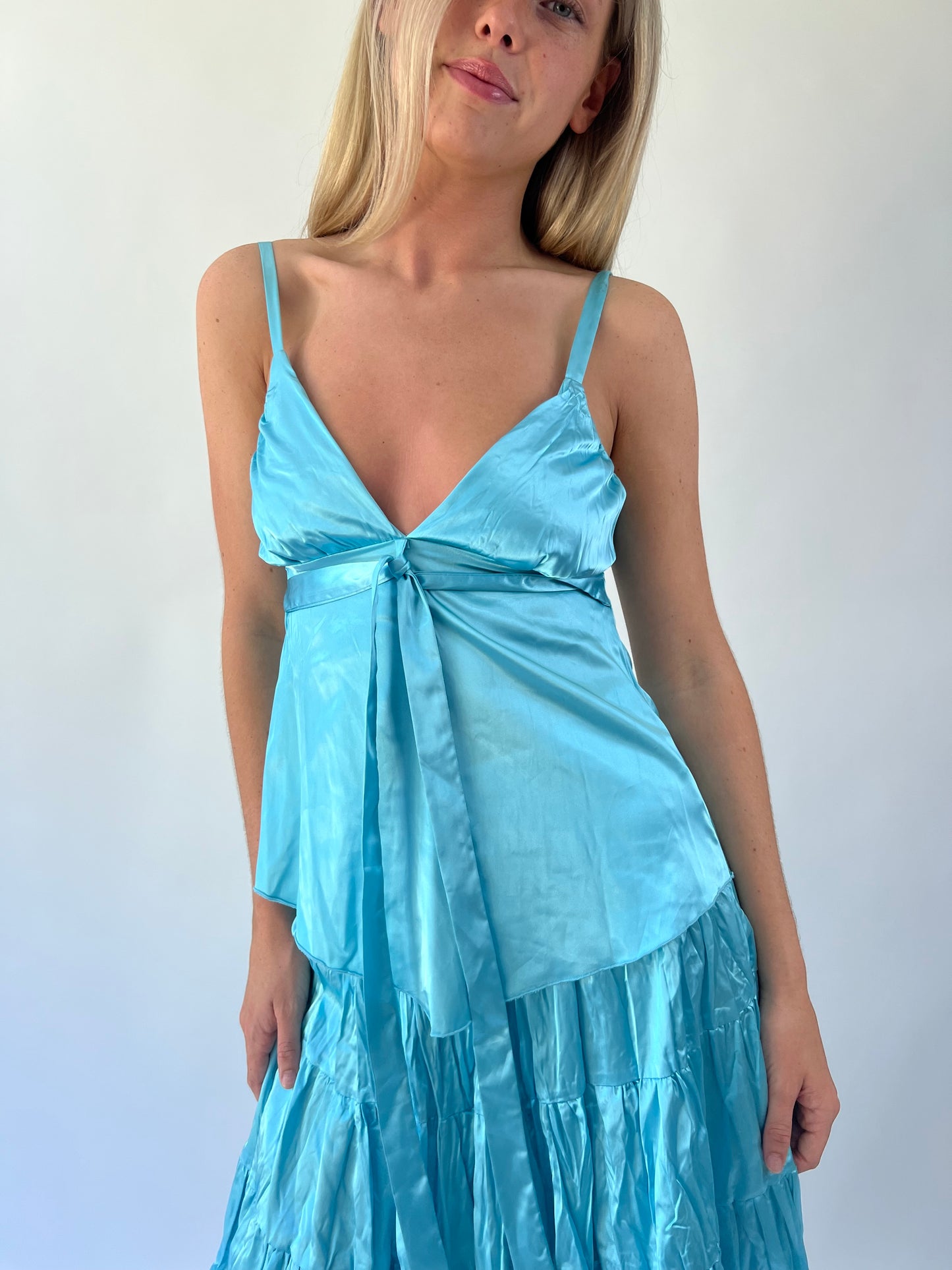 aquamarine drop | small aqua blue satin cami top and tiered midi skirt set
