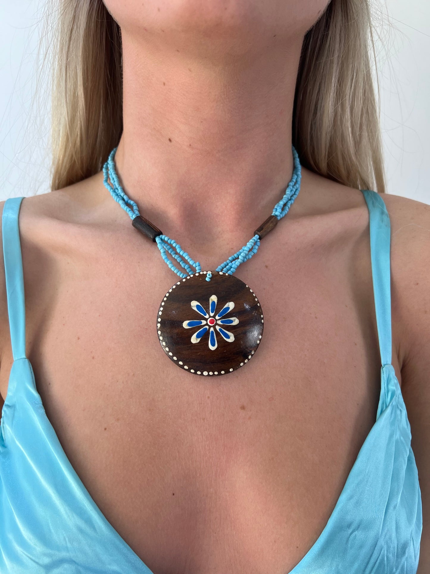 aquamarine drop | one size turquoise beaded wooden flower necklace