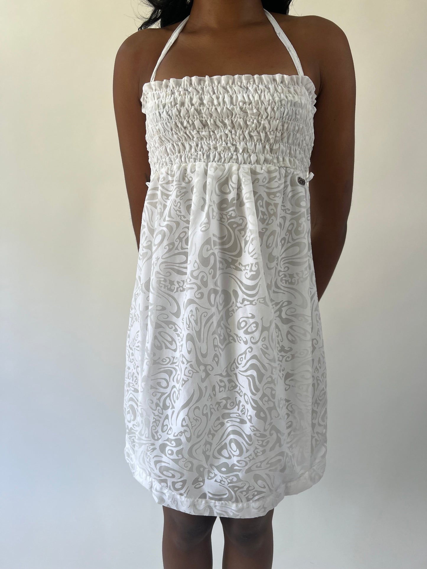 aquamarine drop | small white miss luxe paisley halter mini dress