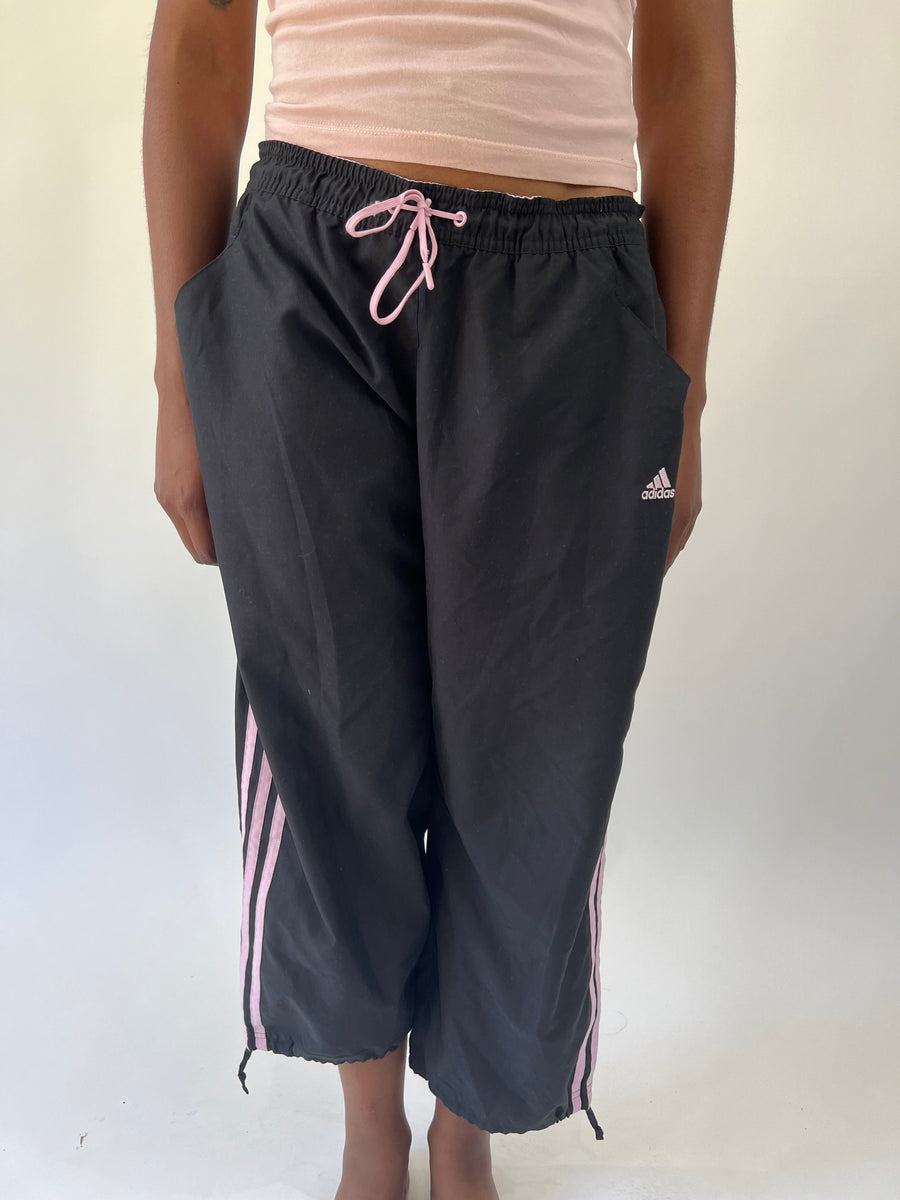 aquamarine drop | small black adidas track pants with pink stripes