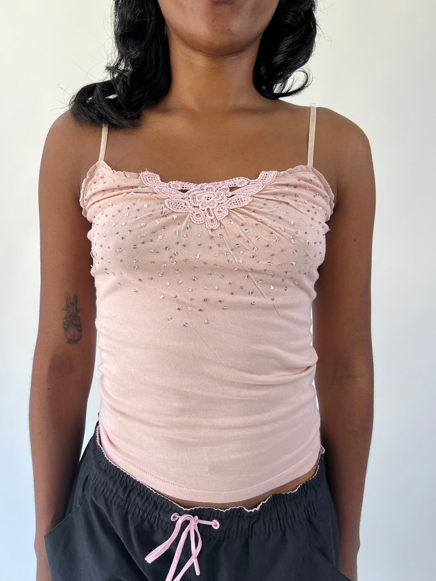 aquamarine drop | small pink beaded lace cami top