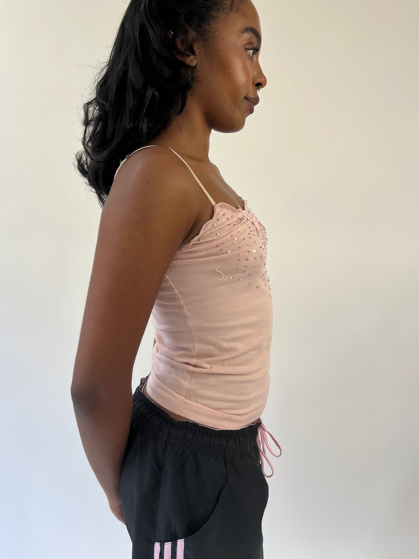 aquamarine drop | small pink beaded lace cami top