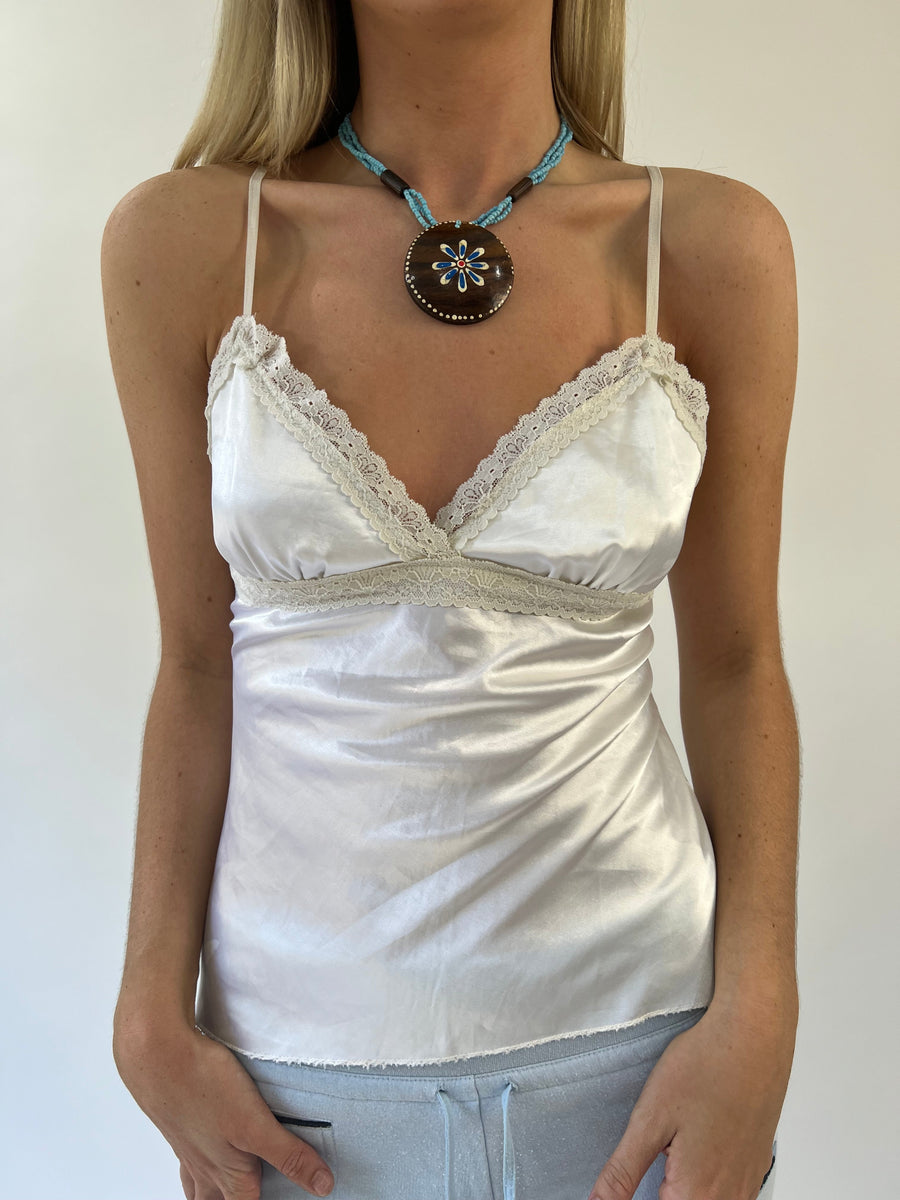 aquamarine drop | small white satin lace cami top