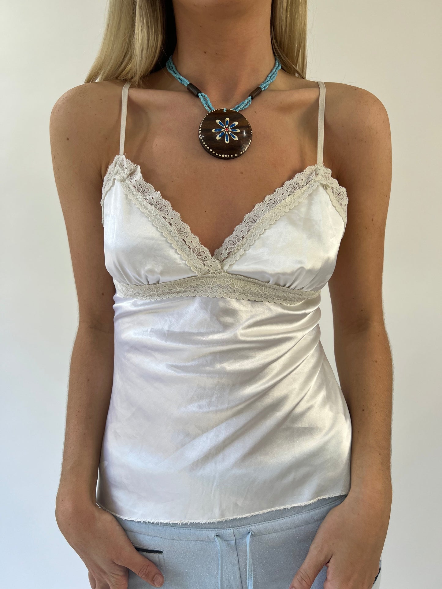 aquamarine drop | small white satin lace cami top