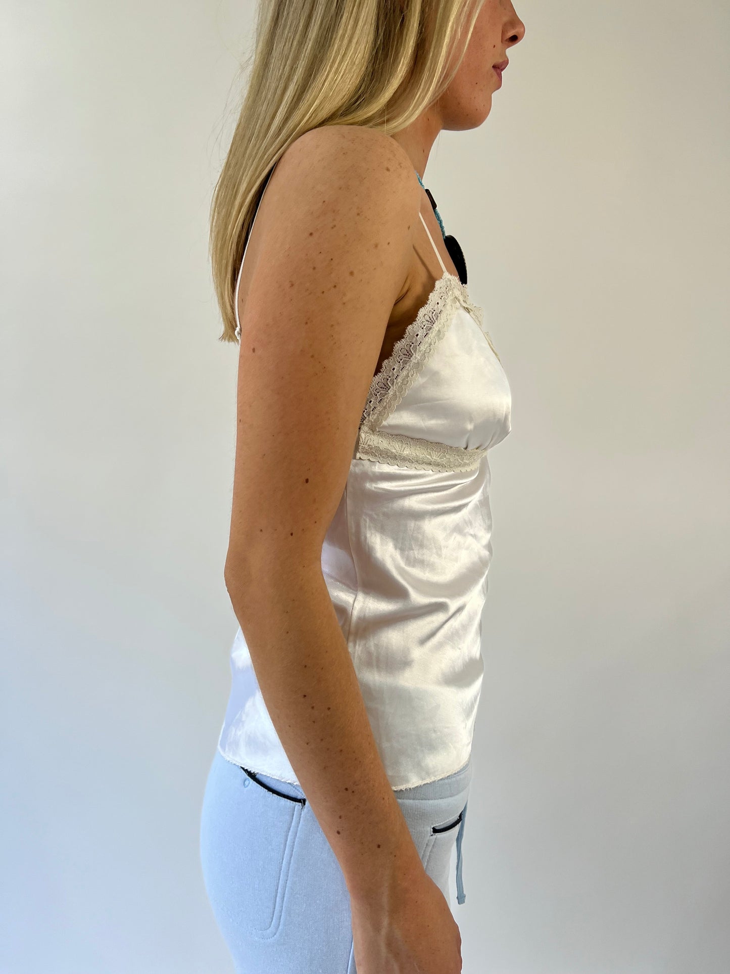 aquamarine drop | small white satin lace cami top