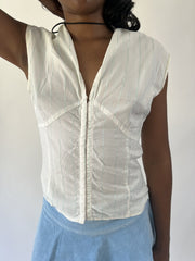 aquamarine drop | small white pinstripe zip front short sleeve top