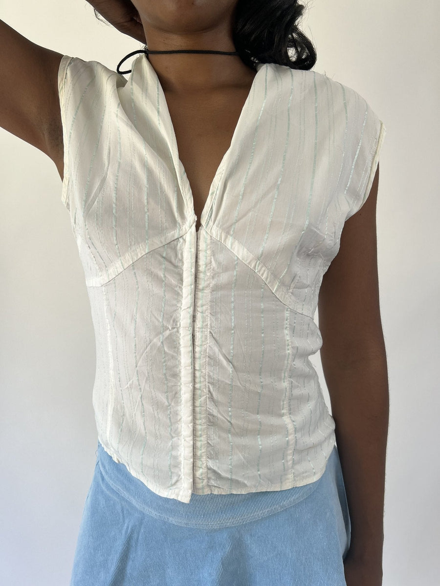 aquamarine drop | small white pinstripe zip front short sleeve top