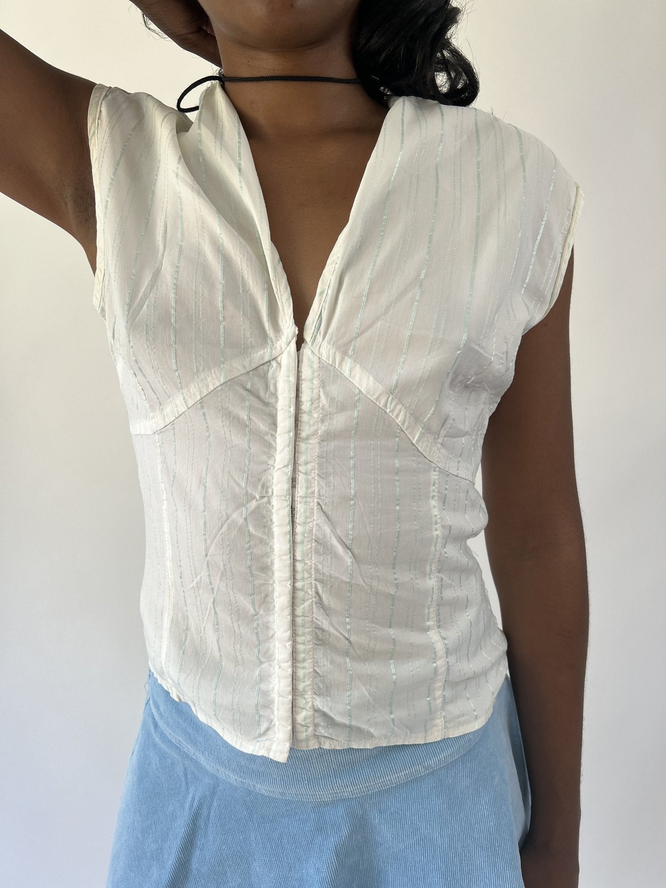 aquamarine drop | small white pinstripe zip front short sleeve top