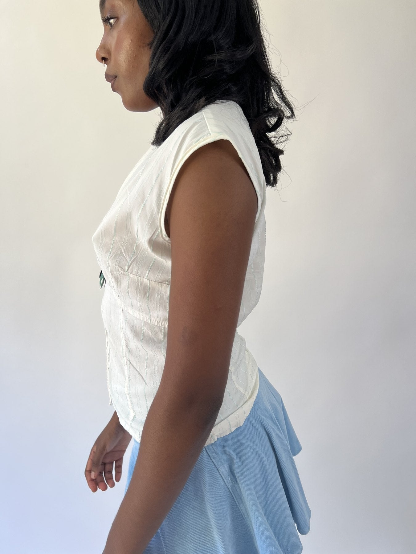 aquamarine drop | small white pinstripe zip front short sleeve top