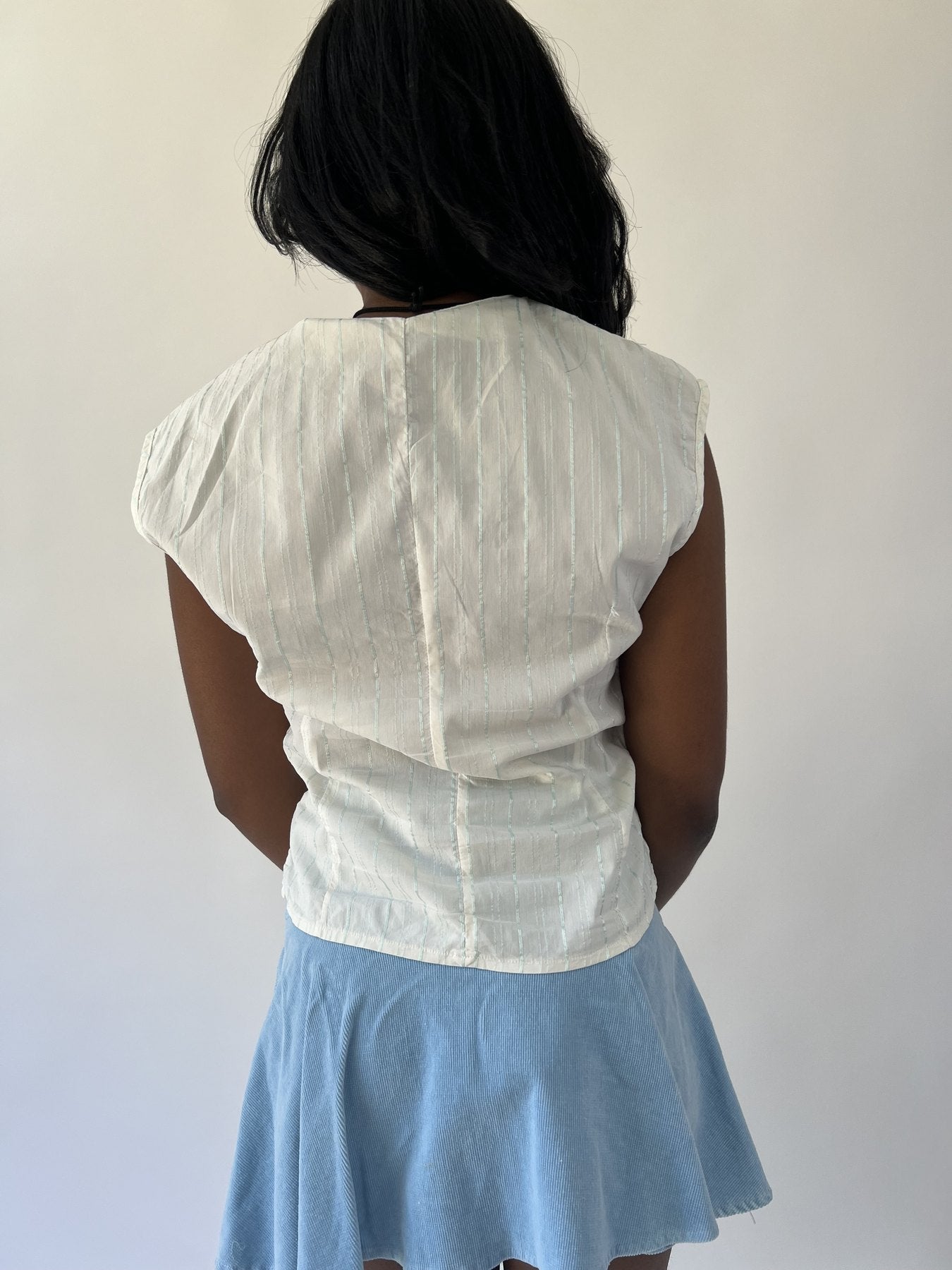 aquamarine drop | small white pinstripe zip front short sleeve top