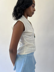 aquamarine drop | small white pinstripe zip front short sleeve top